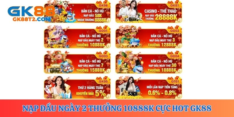 Nạp đầu ngày 2 thưởng 10888K - Khuyến mãi cực hot GK88